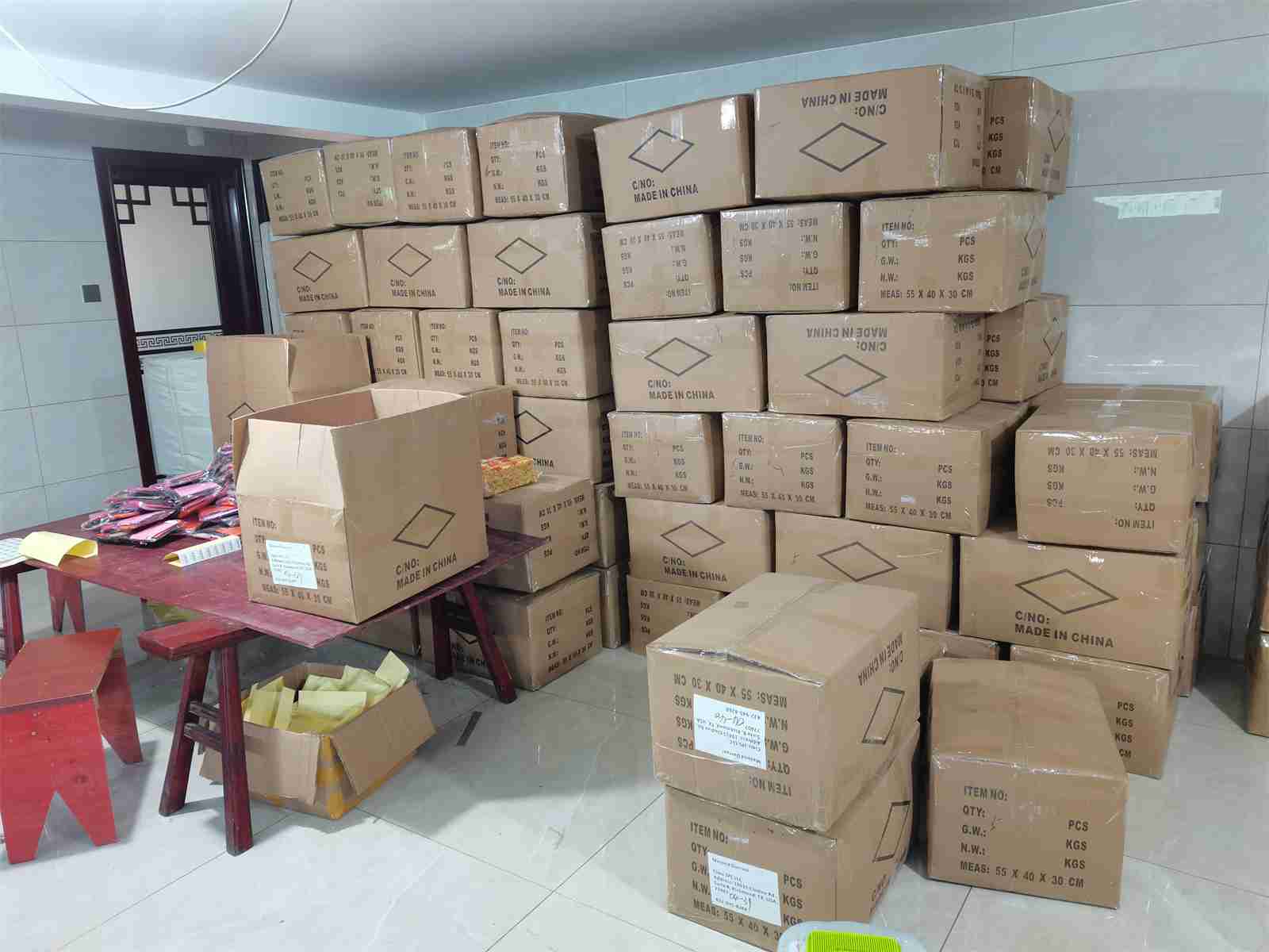Cartons staged during an anonymised pre-shipment inspection in Yiwu