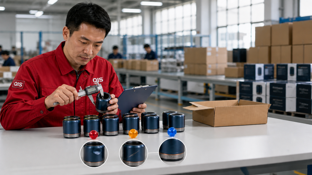 QIS quality inspector in a red uniform measuring sampled products during an AQL inspection for an Amazon FBA shipment