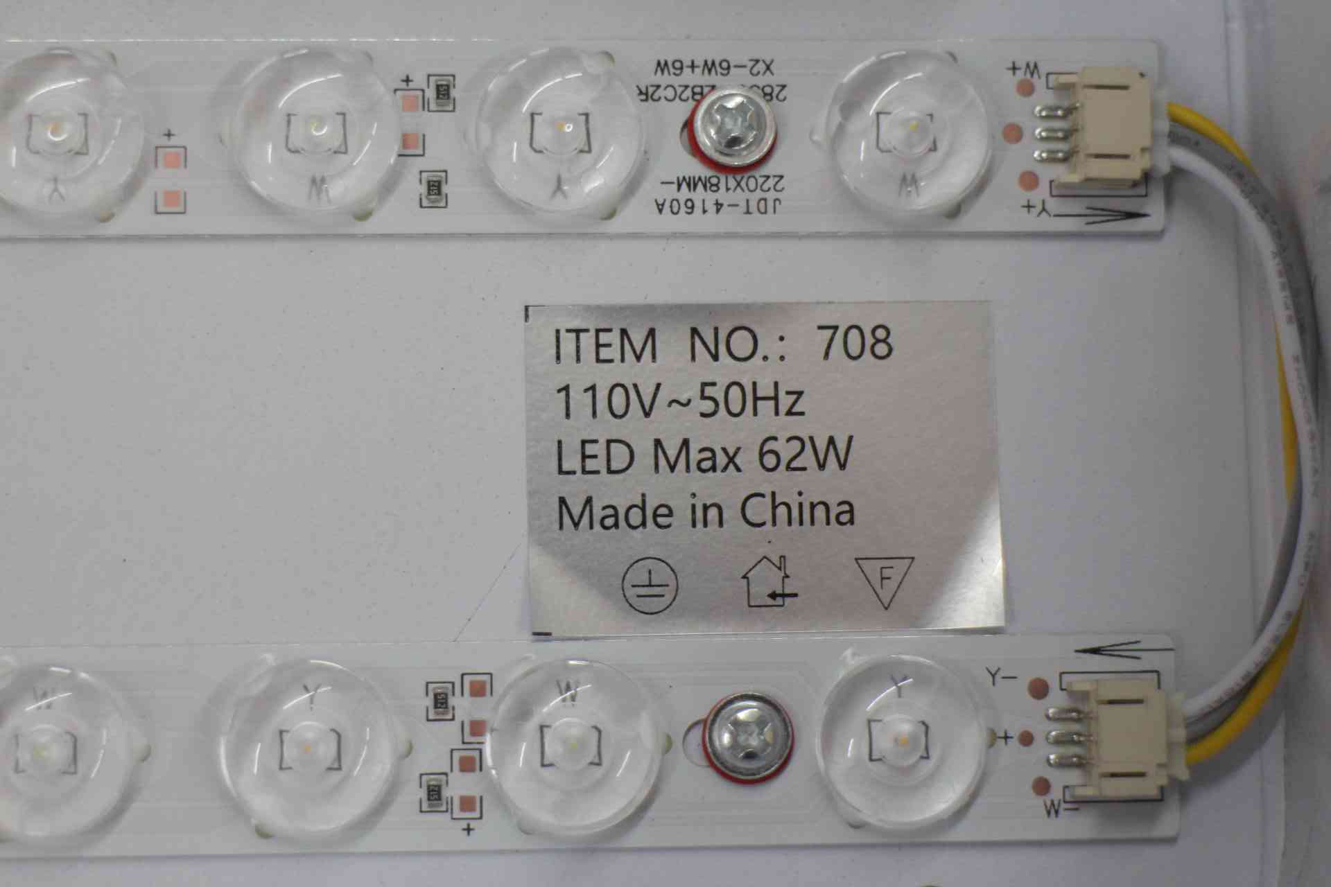 Internal LED wiring and rating label examined during a pre-shipment inspection