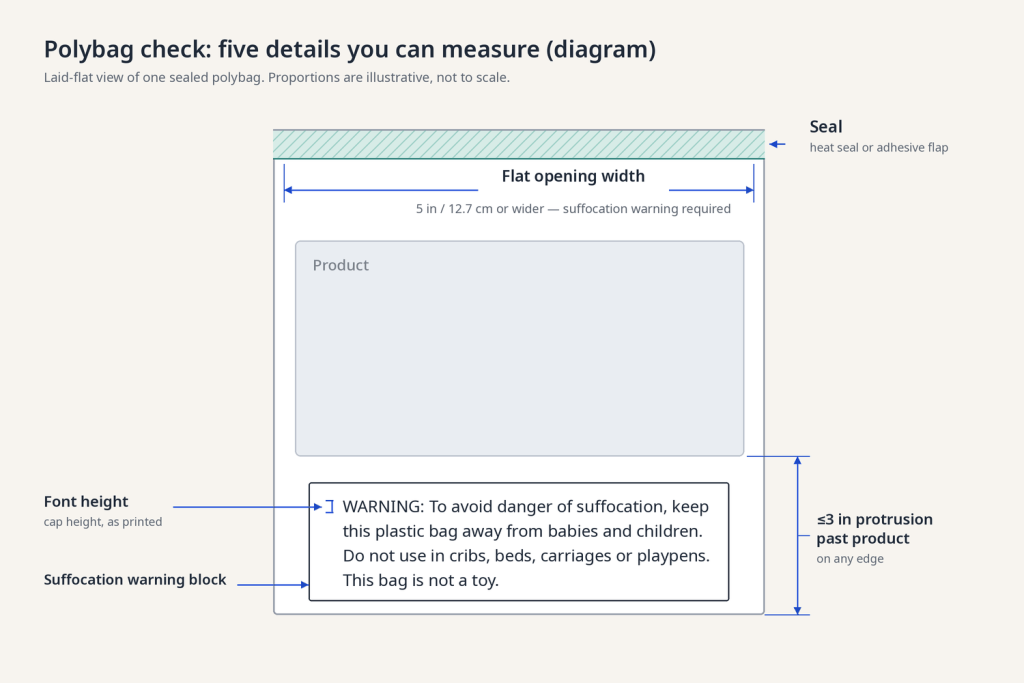 Flat diagram of a polybag with callouts for flat opening width, suffocation warning block, font height, seal and 3-inch protrusion limit