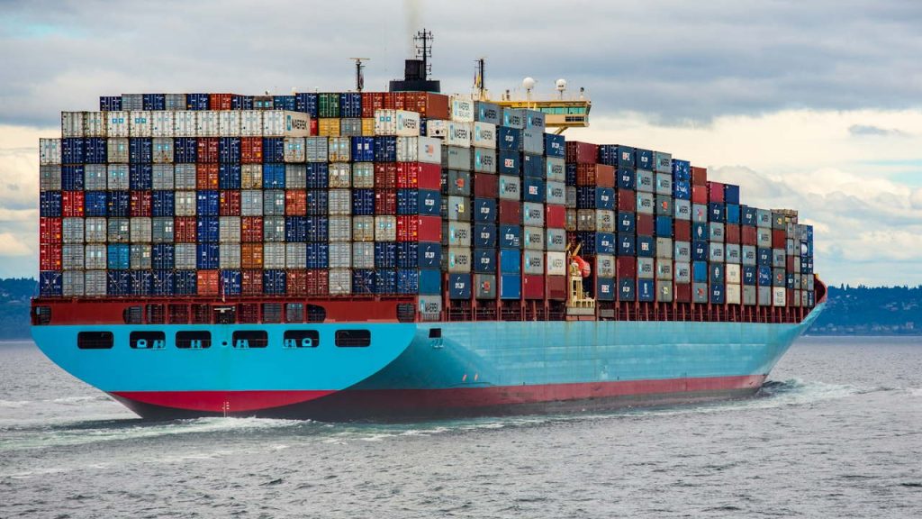 Container ship underway after cargo leaves China (illustrative)