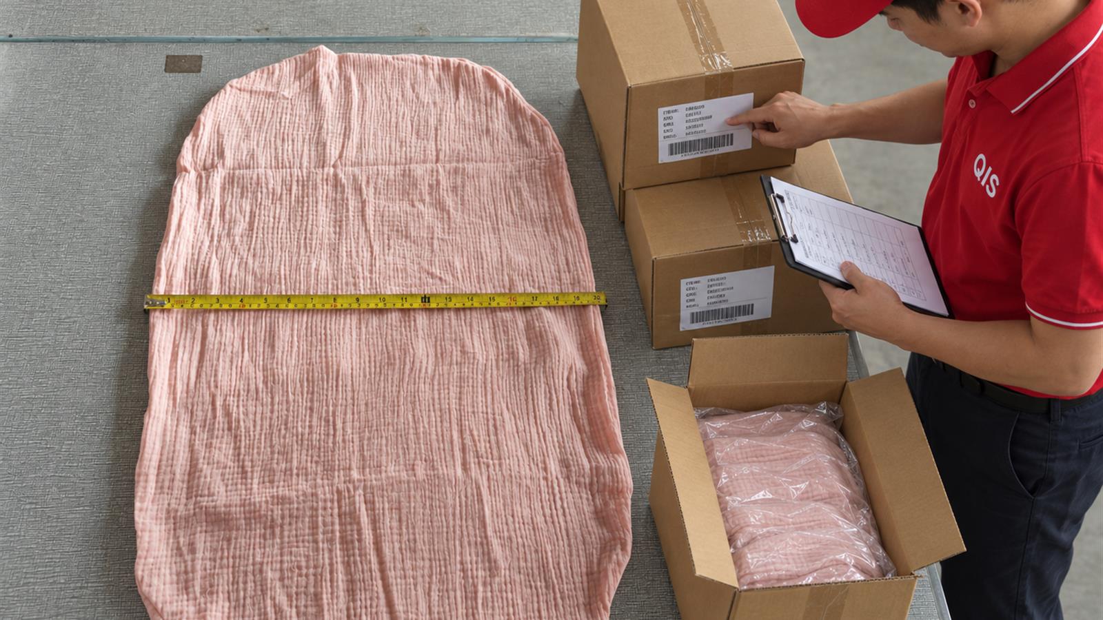 QIS inspector checking labeled cartons in a warehouse before FBA shipment