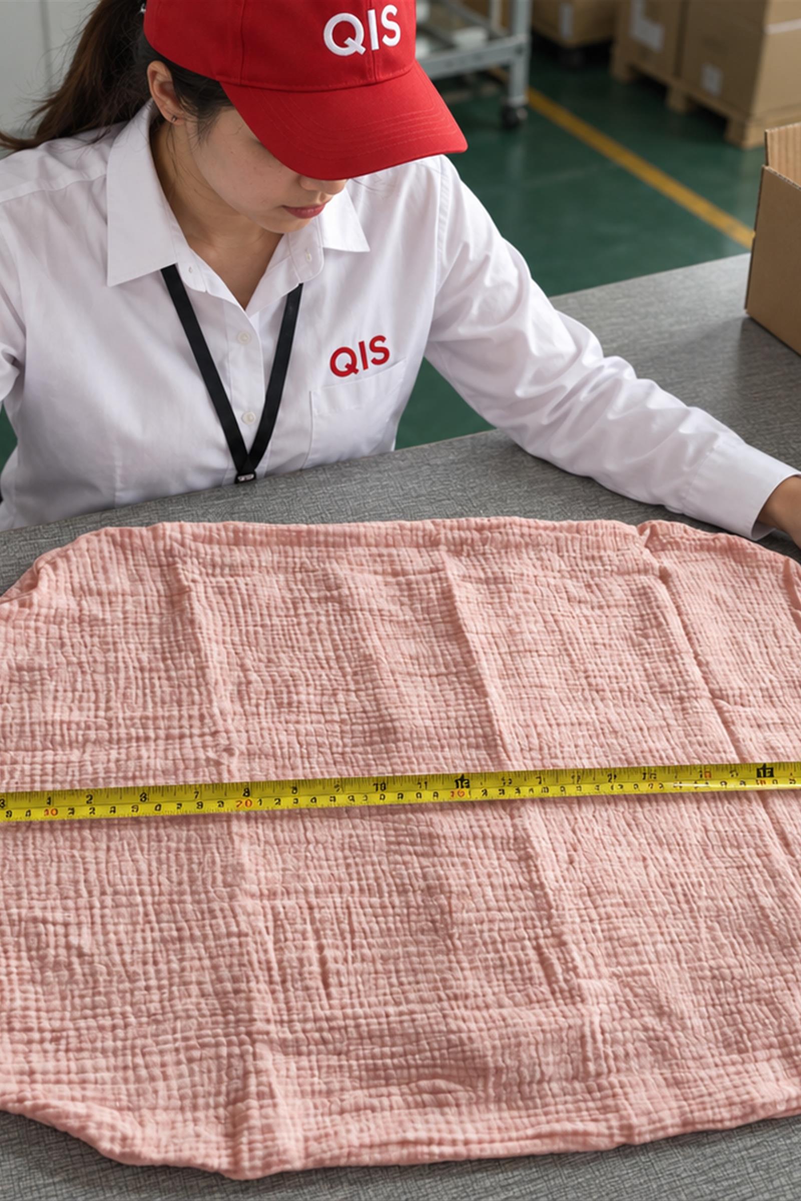 QIS inspector at packing table with polybags and shipping cartons
